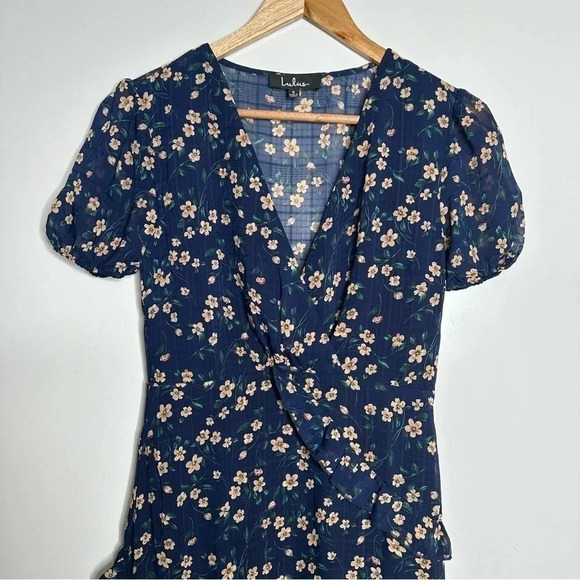 Lulus Petals and Poetry Navy Blue Floral Print Ruffled Midi Dress Size Small - Picture 4 of 14